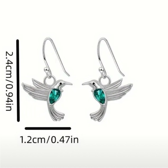 Silver Hummingbird Drop Earrings with Emerald Green Crystal - Picture 3 of 3